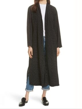 Eileen Fisher Morse Code Kimono Print Belted Duster Jacket Small Black Tencel